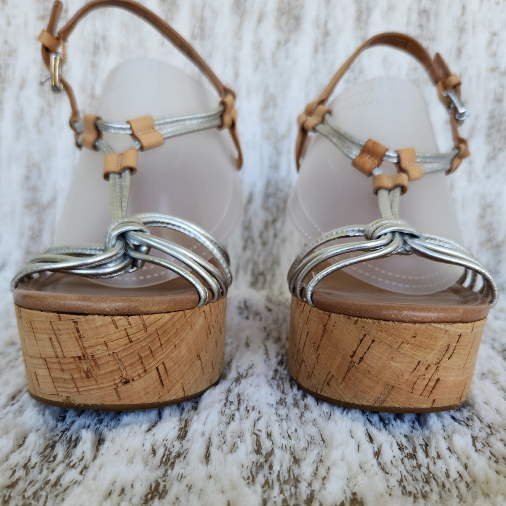 Coach "Georgiana" Platform Wedge Sandal Metallic Silver Tan | Women's Size 9.5B - Picture 3 of 11